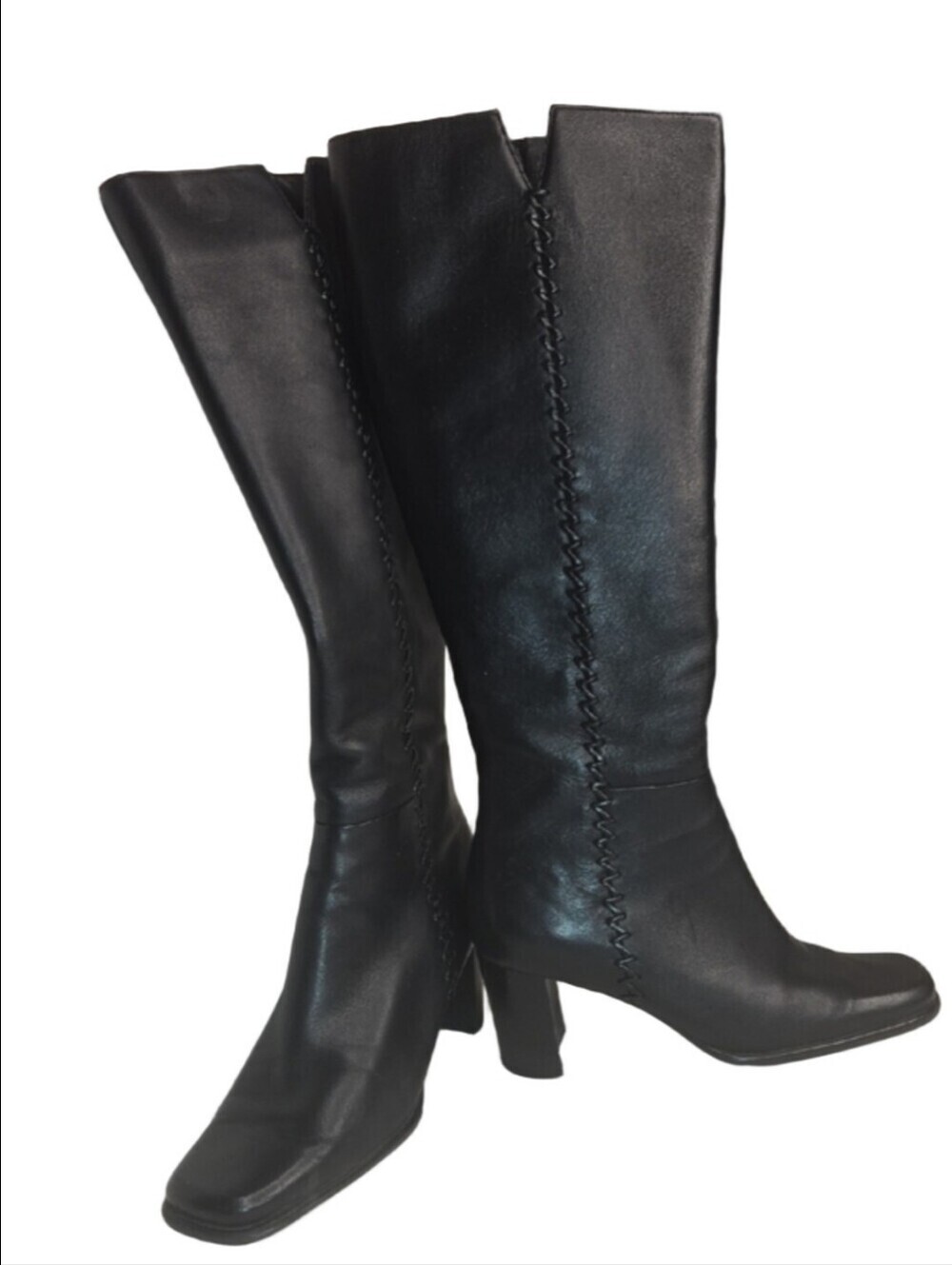 Studio Works Bella Black Knee-High Stitched Leather Heeled Boots 6.5M
